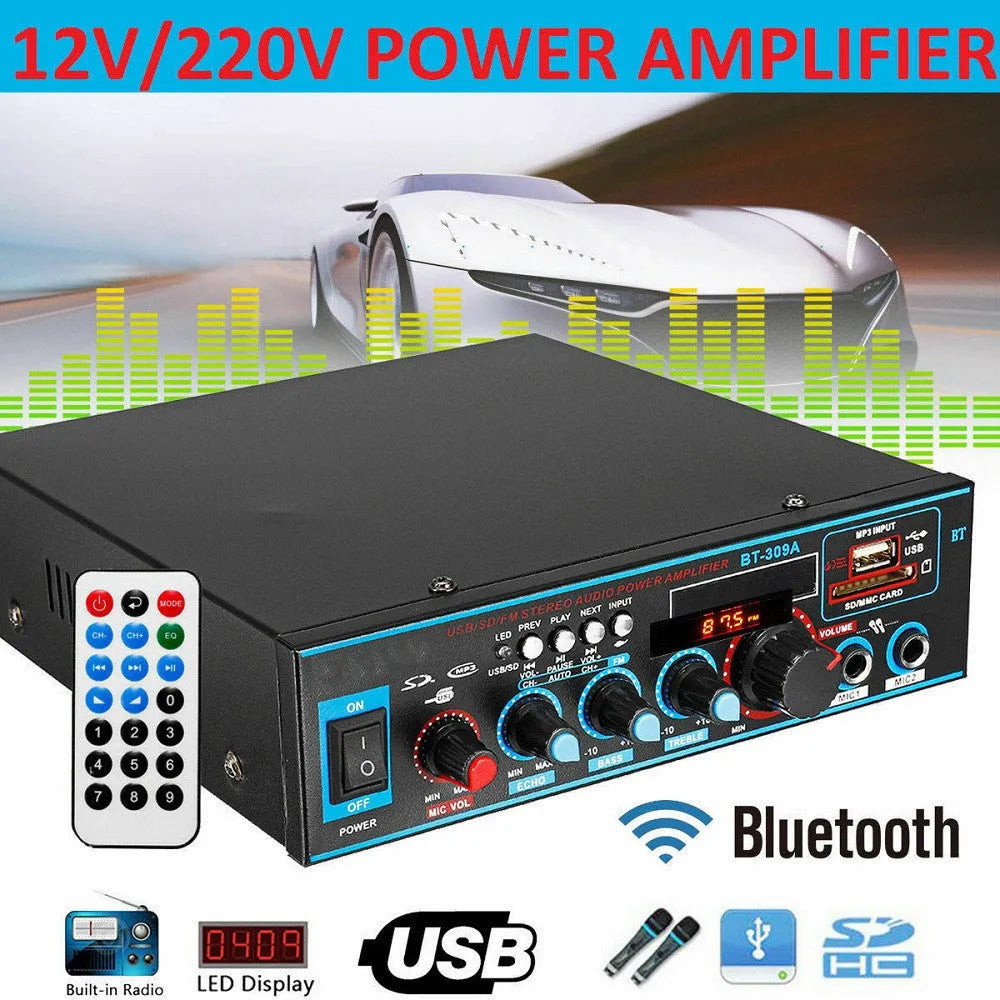 Black iron dual-purpose power amplifier body with Bluetooth and FM for home and car use, 20cm size with remote control