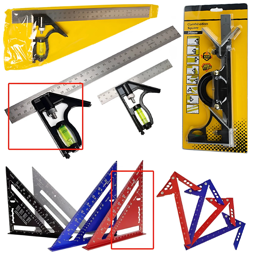 Two red metal combination angle rulers with metric markings in transparent storage bag for civil surveying
