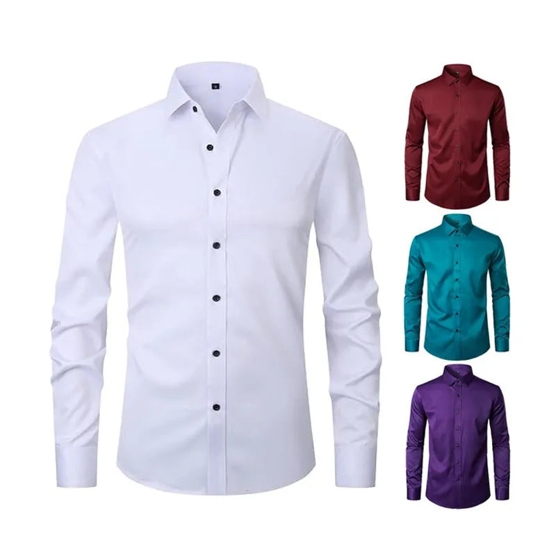 Men's long sleeve stretch work shirt in polyester fabric on a hanger.