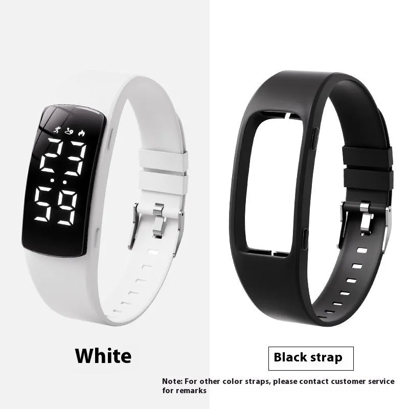 Black vibration alarm smart watch with LED display and silicone strap on a wrist.