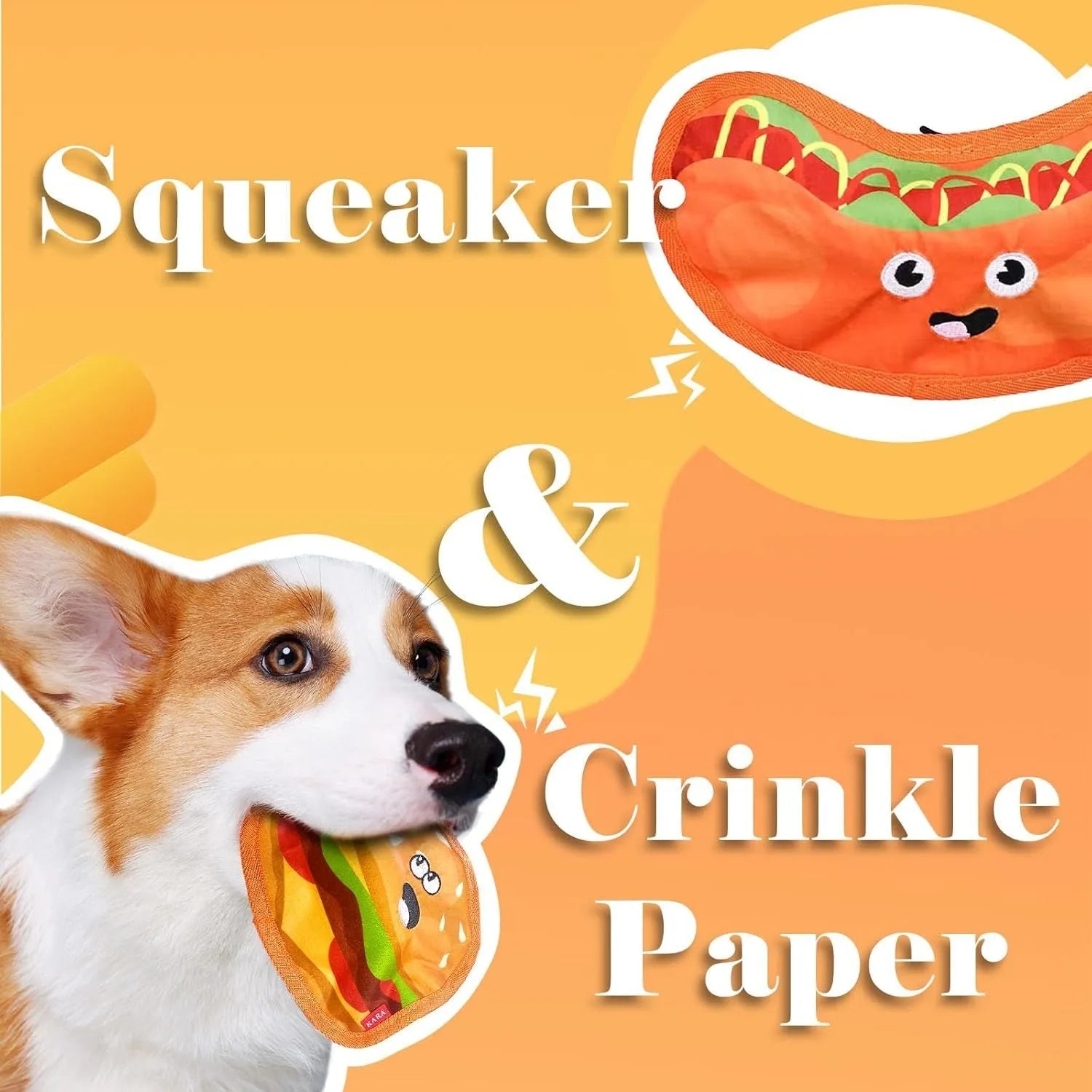 Crinkle and squeak dog toy in burger shape with no stuffing for puppies