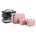 Pink bold stripes floral makeup bag with waterproof synthetic leather construction and folding design
