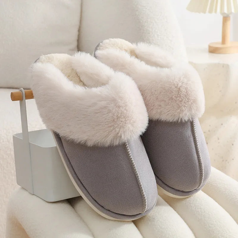 Brown women's plush indoor slippers with round toe, flat heel, and textured PVC anti-slip sole.