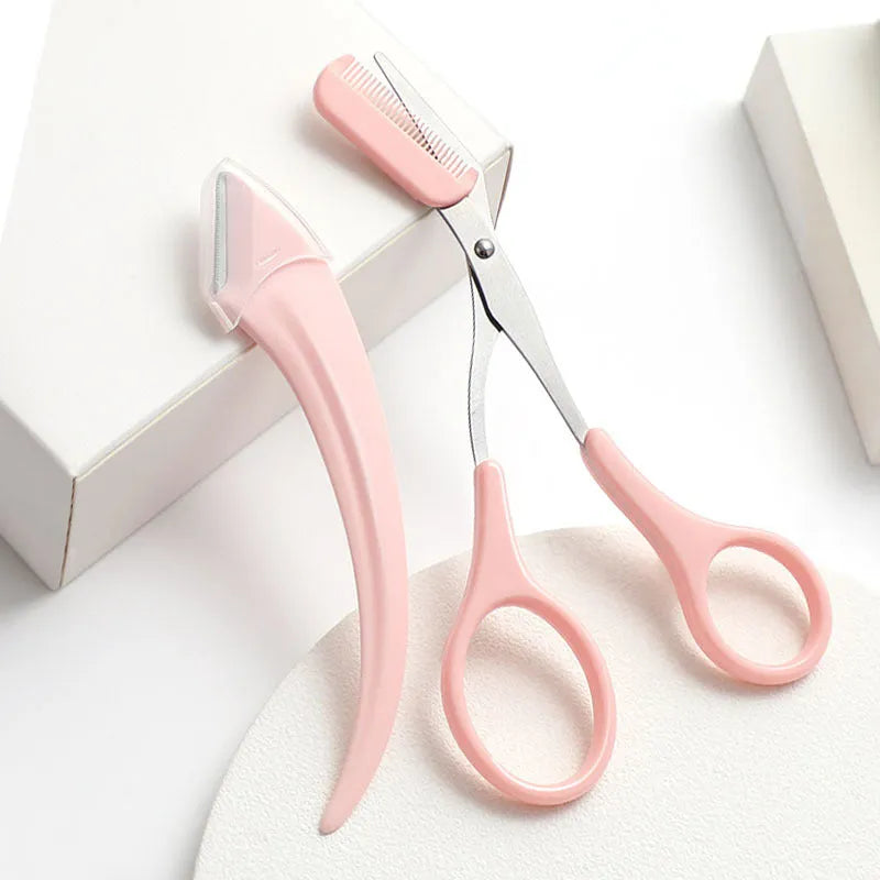 Curved moon-shaped eyebrow trimmer with a cutting comb on a white background.