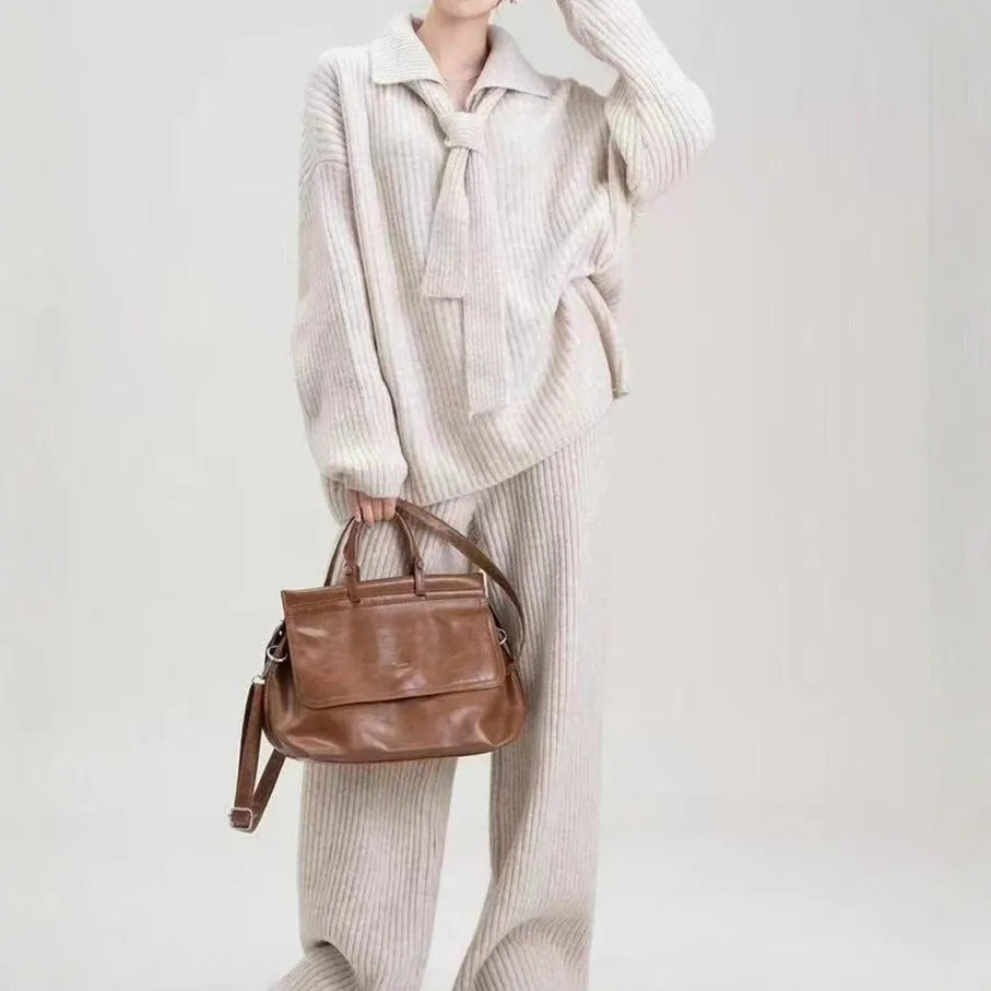 Acrylic fibre knit two-piece set with long sleeves in beige, dark coffee, dark grey or grey