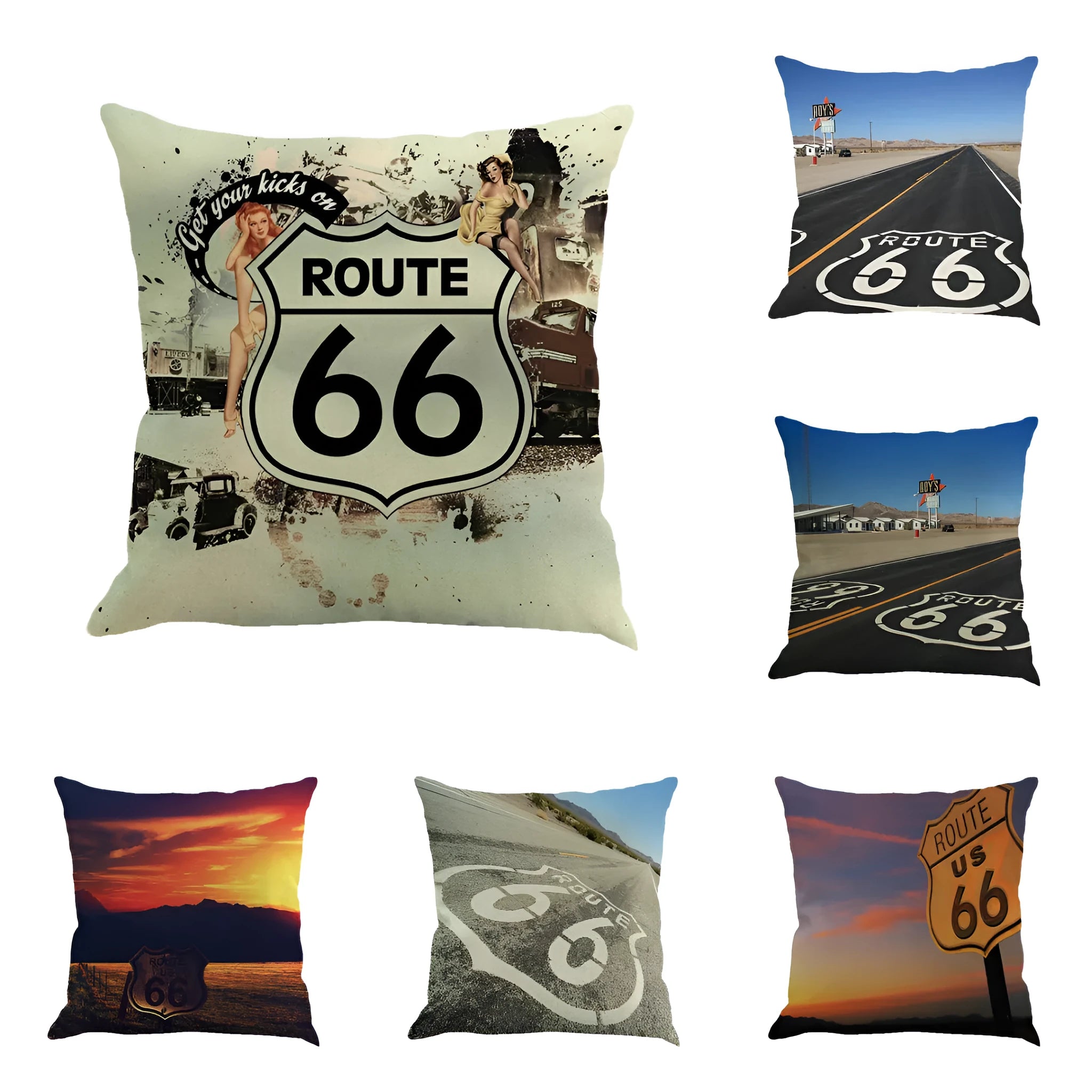 Square linen blend cushion cover with Route 66 landscape print, shown in one of six colour options.