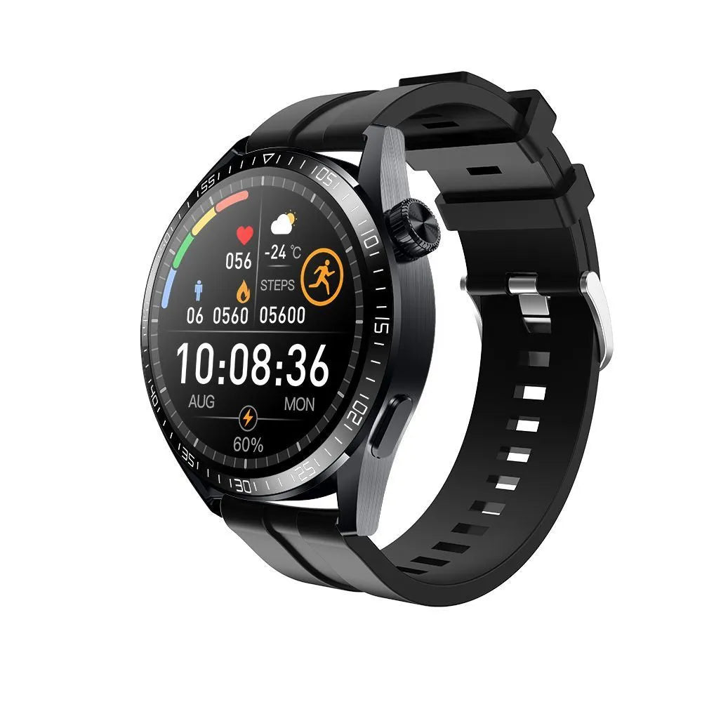 Black GS3 Max smartwatch with a silicone strap on a wrist, showing a home screen with health metrics.