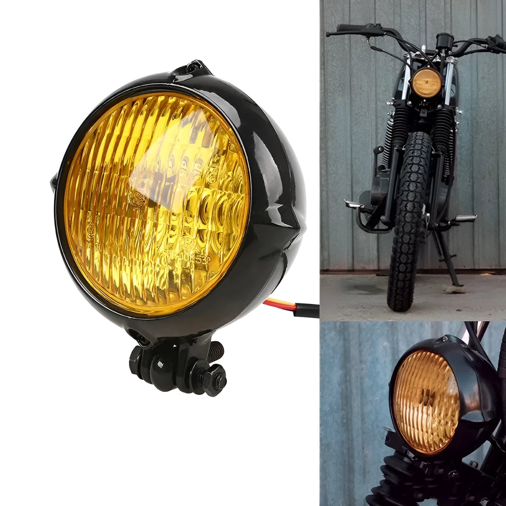 Harley-style retro motorcycle headlight with black electroplated aluminium housing and 8cm diameter