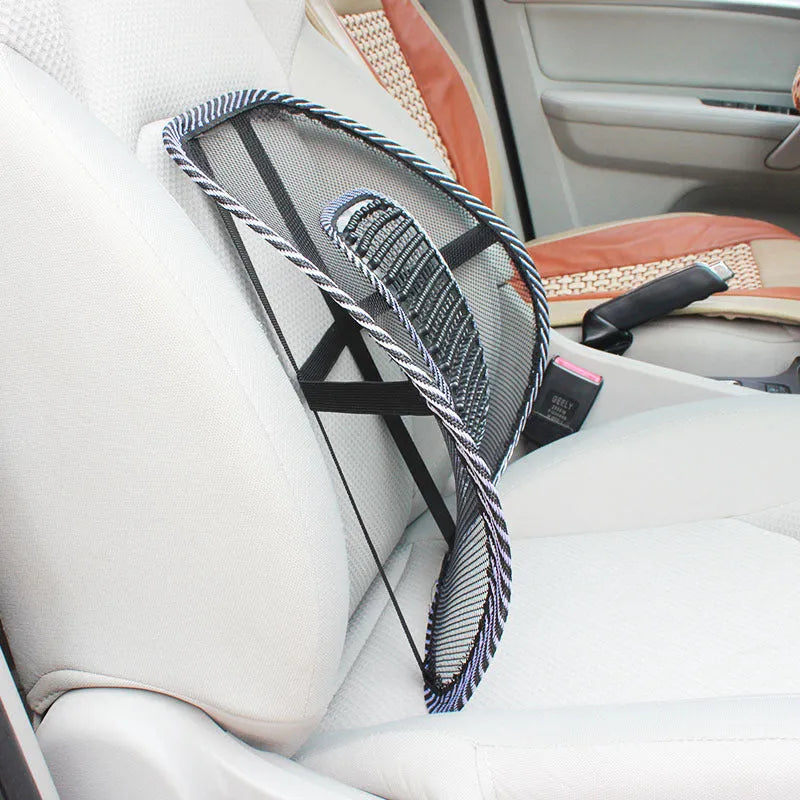 Black car leather lumbar support pillow with steel wire frame measuring 41cm by 39cm