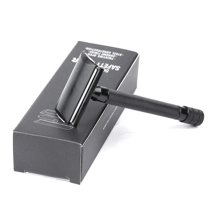 Traditional manual pogonotomy scraper and brush set for wet shaving in black or silver metal finish.