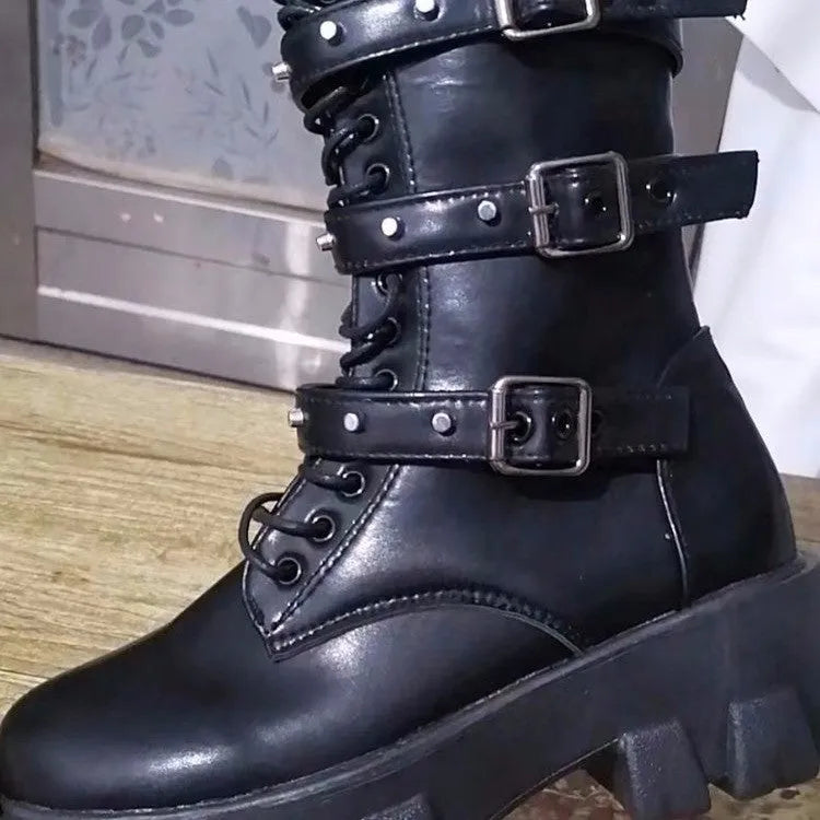 Women's black mid-calf knight boots with side zipper and metal buckle on artificial PU upper