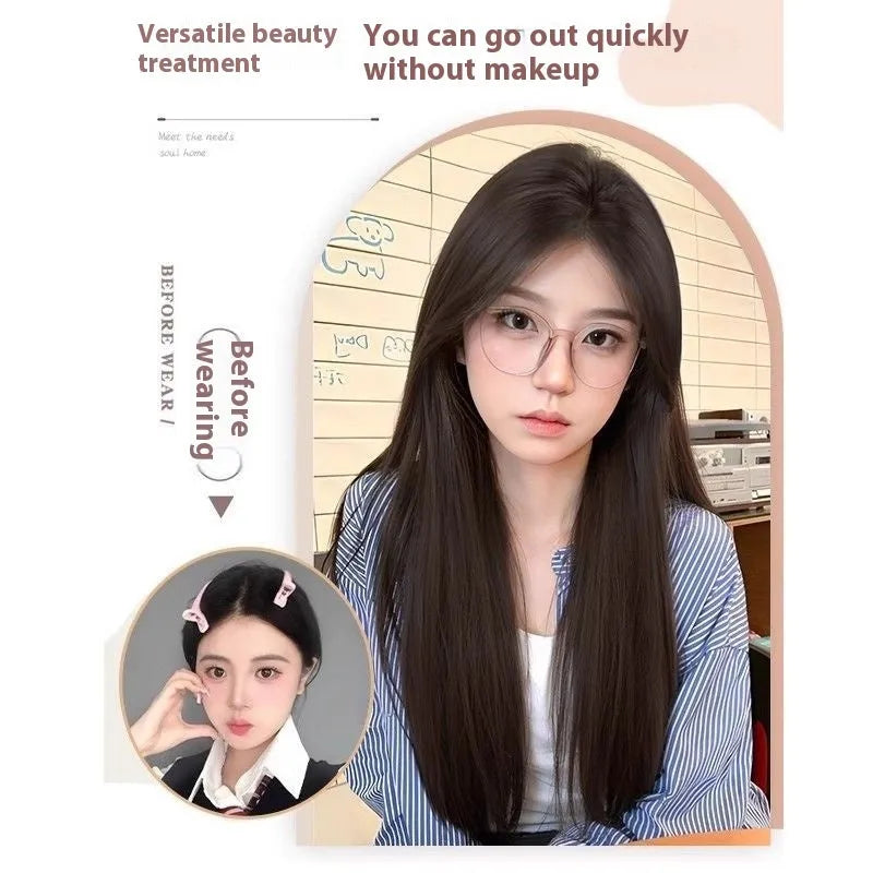 Full-head lace front wig with mid-length straight black hair displayed with styling accessories