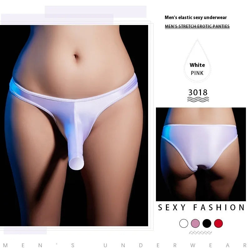 Men's shiny nylon low waist T-back underwear on a colour swatch showing black, grey, pink, red and white.