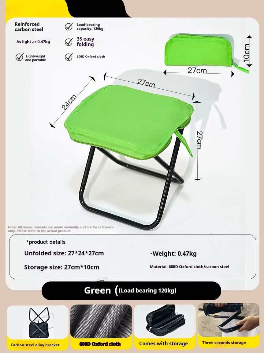 Lightweight foldable camp chair stool in Oxford cloth, shown in a khaki colour, folded into its compact pencil box shape.