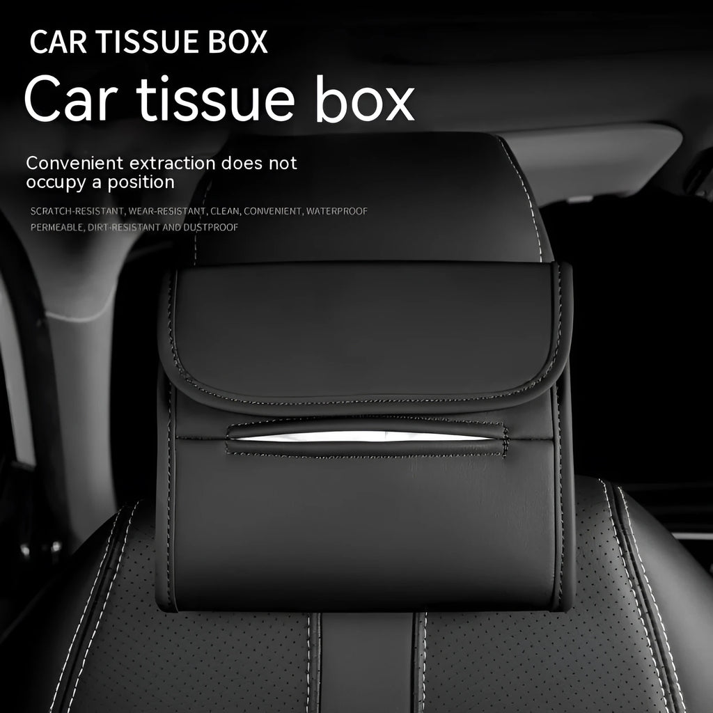 Leather car tissue box mounted on a car sun visor with elastic band strap.