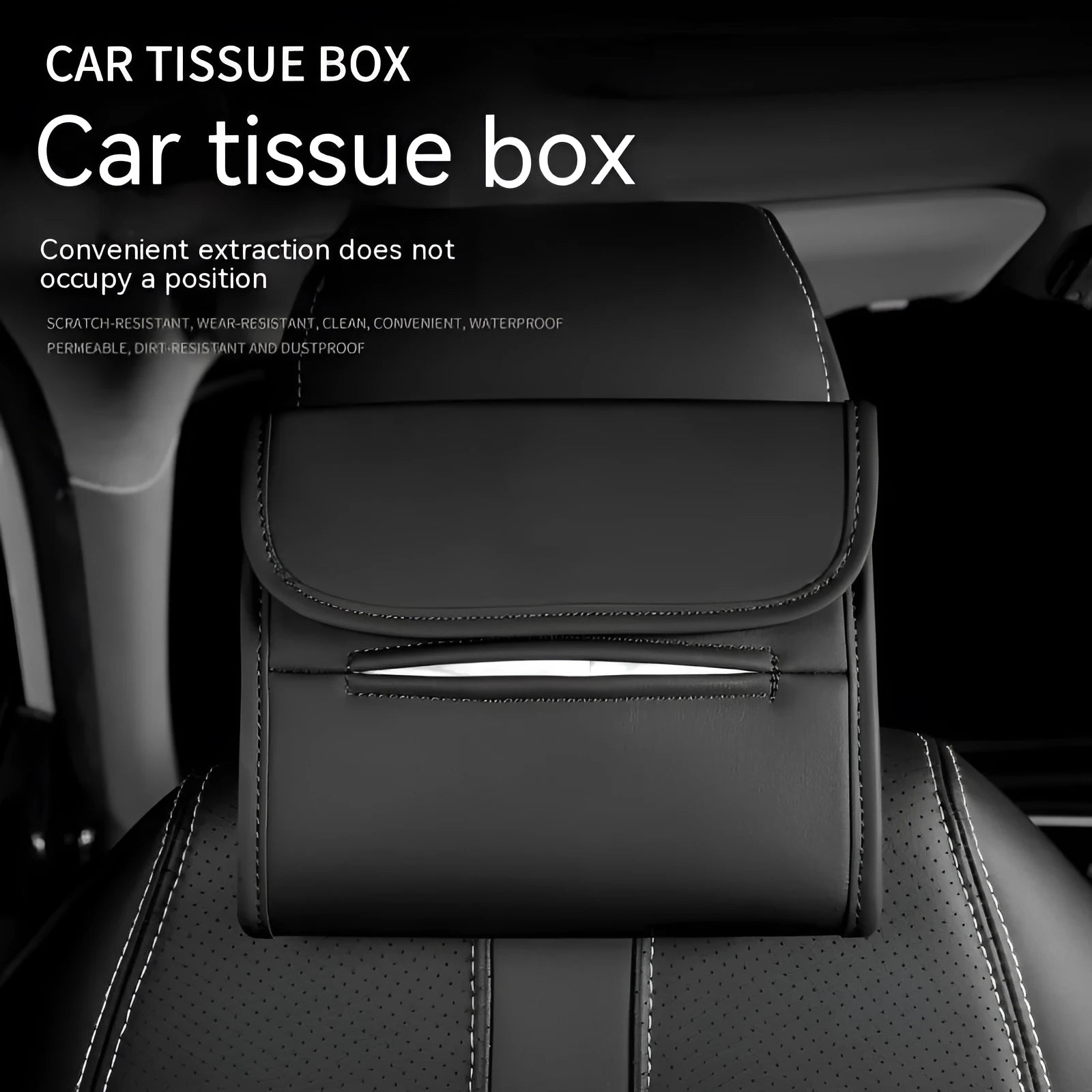 Leather car tissue box mounted on a car sun visor with elastic band strap.