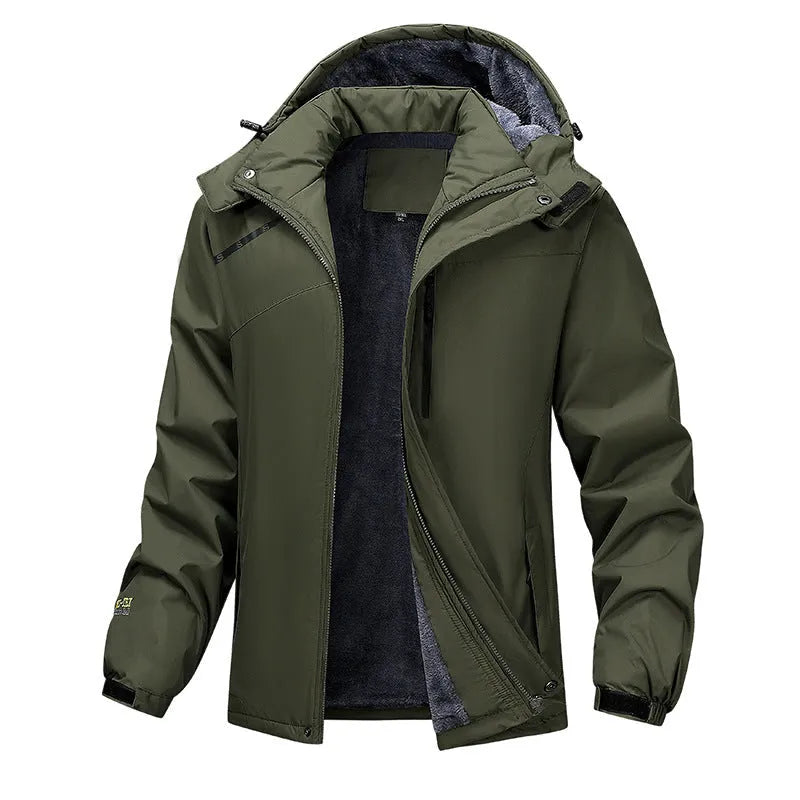 Men's plus size loose fit hooded coat in army green, showing waterproof polyester fabric and front zip.