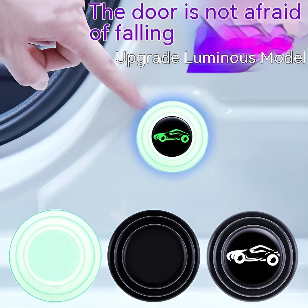 Black and luminous silicone car door shock pads showing 20mm thickness and adhesive backing