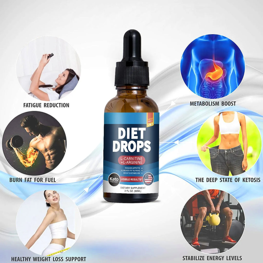 60ml glass bottle of ketone drops with a black dropper cap on a white background