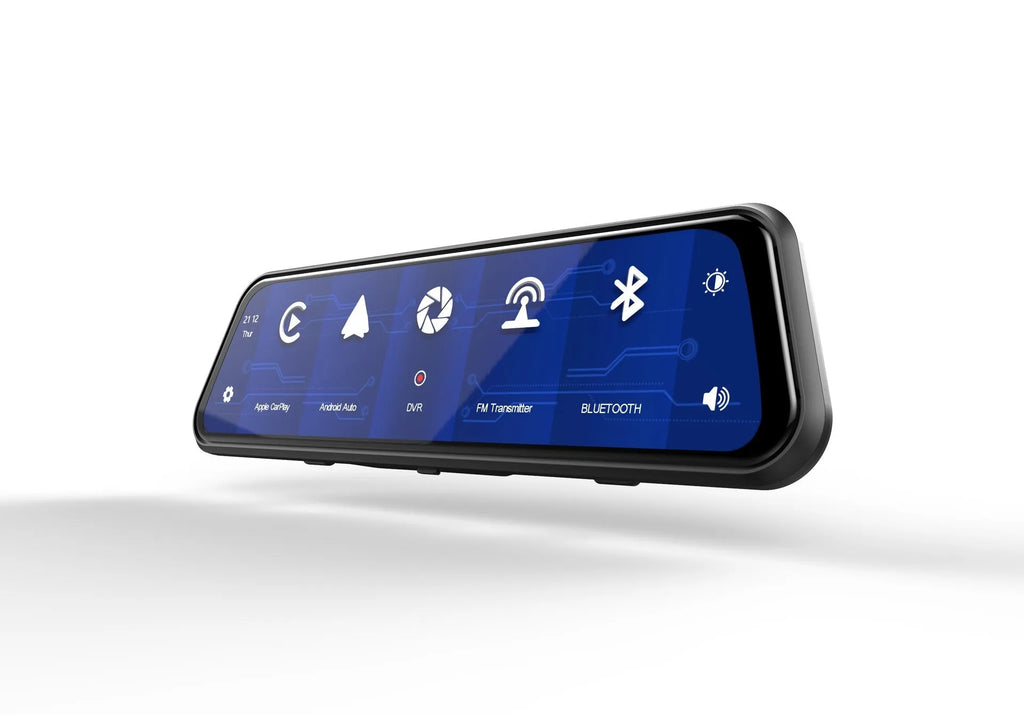 Black dual-lens driving recorder with large touch screen mounted on a car windscreen.