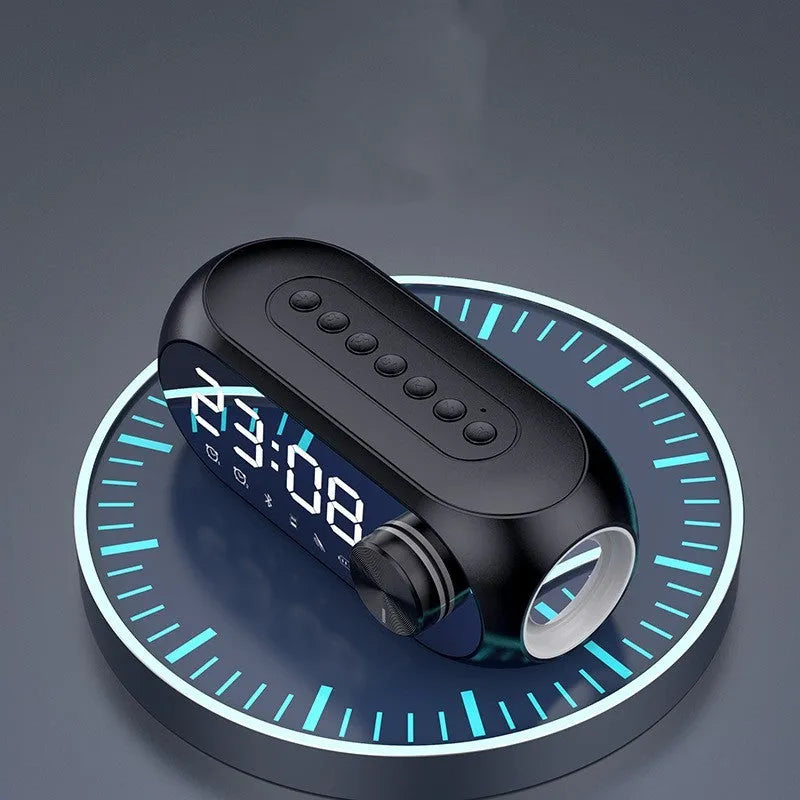 Portable mini speaker with extra bass features and digital clock display in black, blue, or white colour options