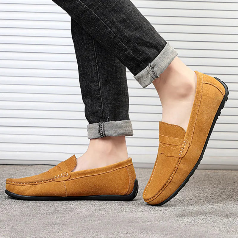 Men's solid colour suede loafers slip-on casual shoes with round toe and flat heel
