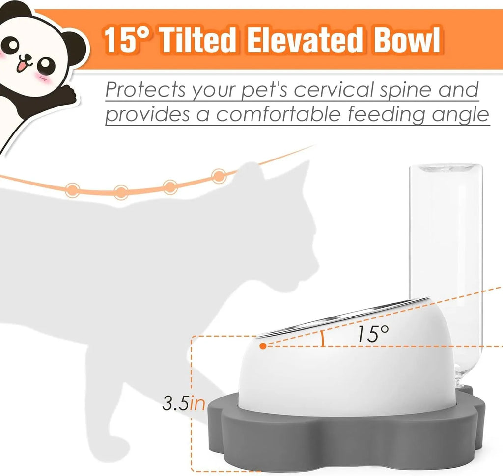 Grey and green panda-shaped automatic pet feeder with tilted stainless steel bowls and water bottle.