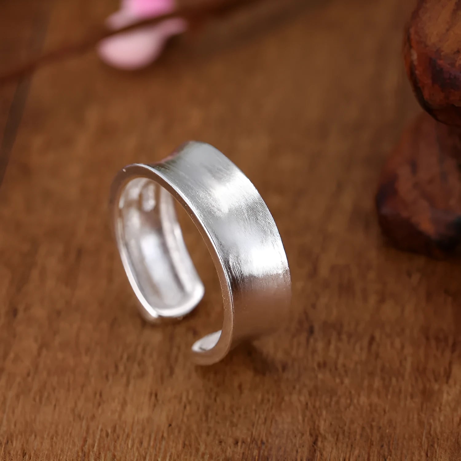 Adjustable open ring geometric design frosted sterling silver jewellery