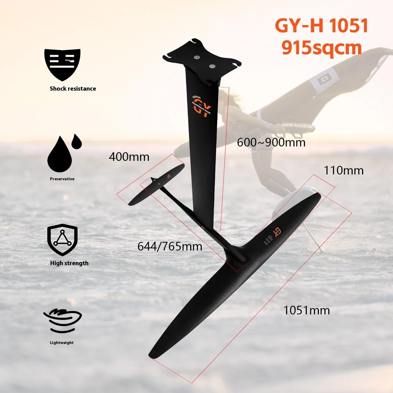 Black carbon fibre and aluminium hydrofoil surfboard with a wide front wing for wave riding.