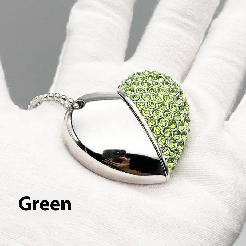Heart-shaped brick pattern USB flash drive in blue, showing metal shell and USB connector.