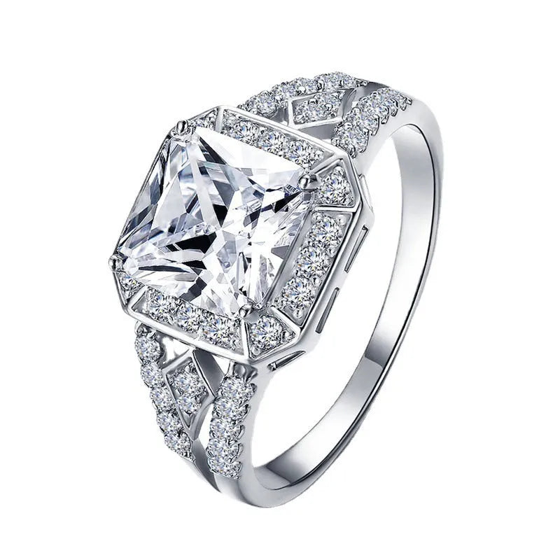 Women's geometric zircon ring with hollow design and platinum colour plating