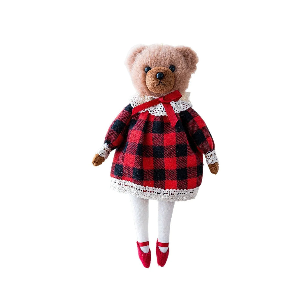 Cartoon-style plush bear couple set showing princess bear and gentleman bear with plaid suit design in soft cloth fabric