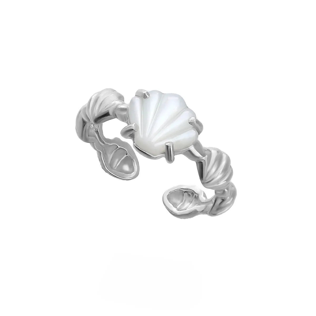 Adjustable silver ring with shell and tiger eye design in white gold or 18K gold electroplated finish