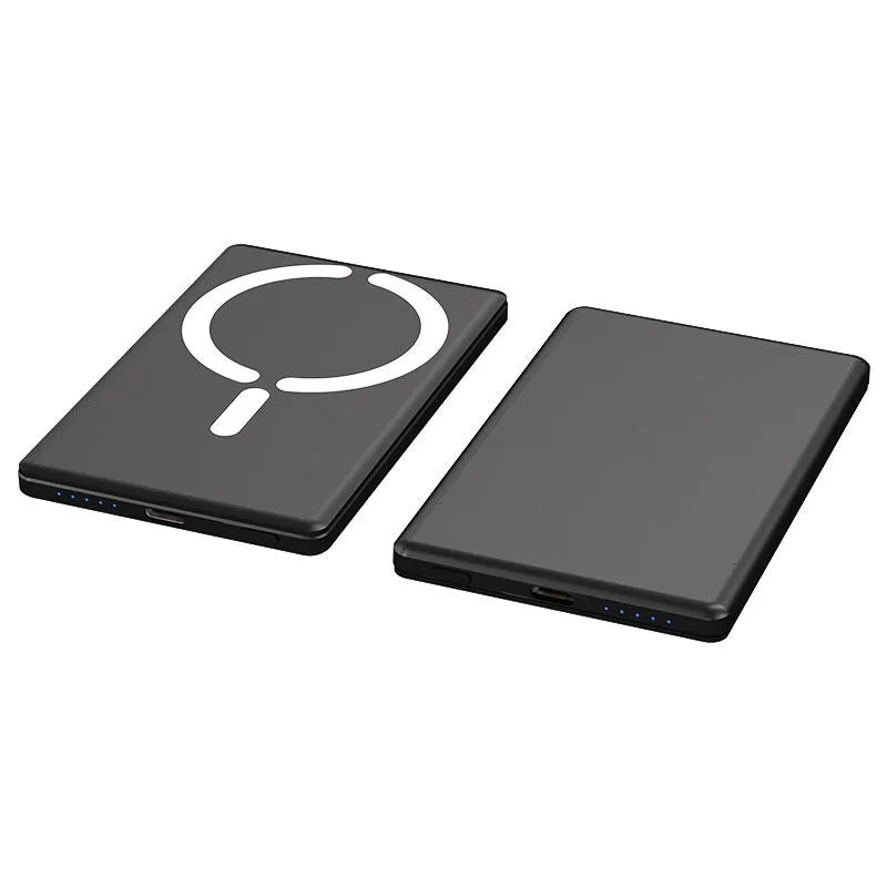 Ultra-thin magnetic power bank with alloy shell in dark gray colour showing compact 105x66mm dimensions