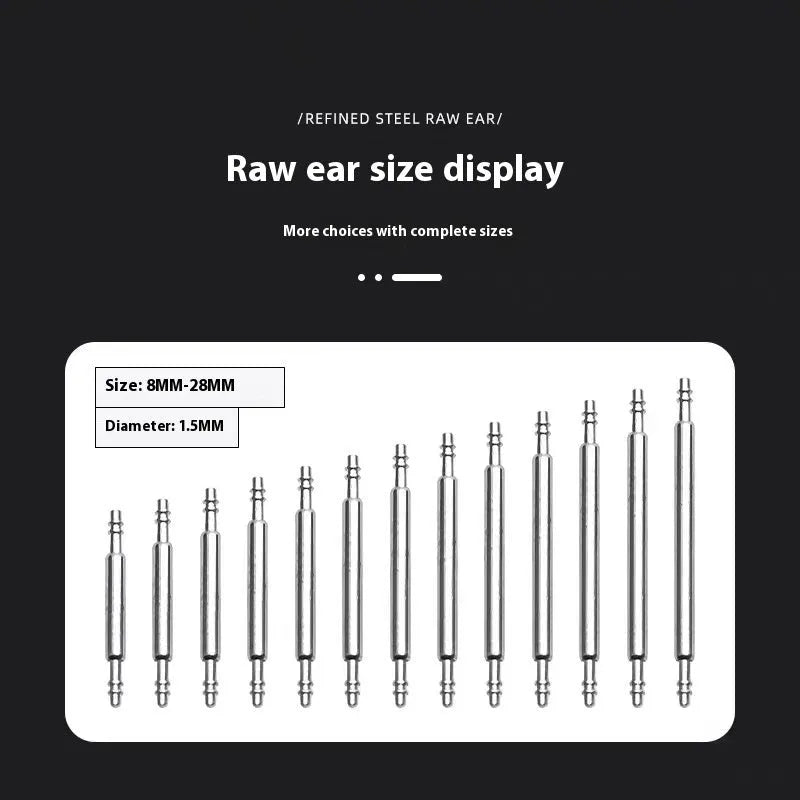 Watch auricular needle spring shaft component for repair in sizes 21mm to 26mm.