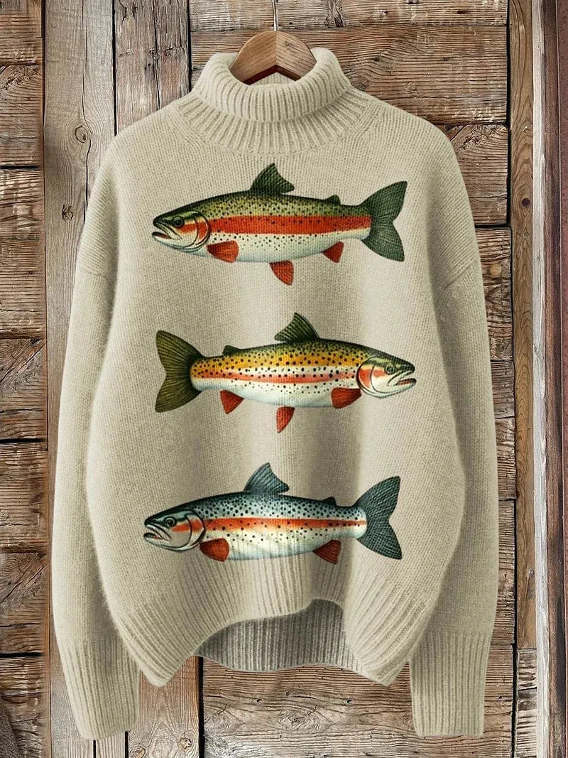 Women's loose fit Christmas print turtleneck sweater in a soft macaron colour.