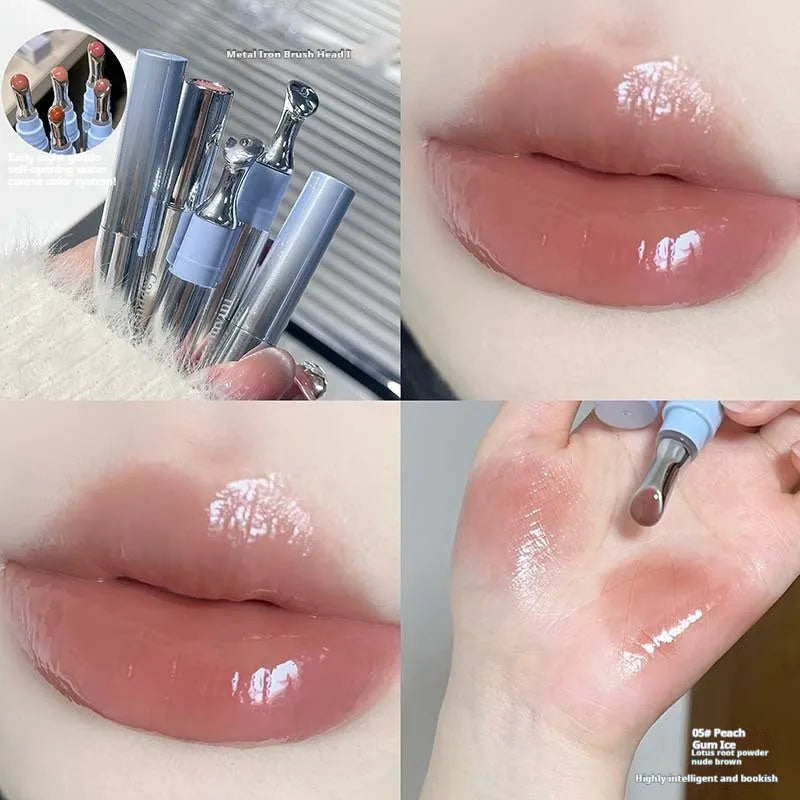 Mirror Water Light Lip Gloss Lipstick in six sheer ice colours including almond, raspberry, and pear.