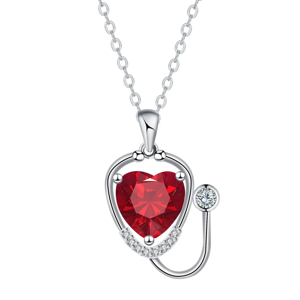 Women's fashion necklace with stethoscope, wings, and cross design in red diamond electroplated copper