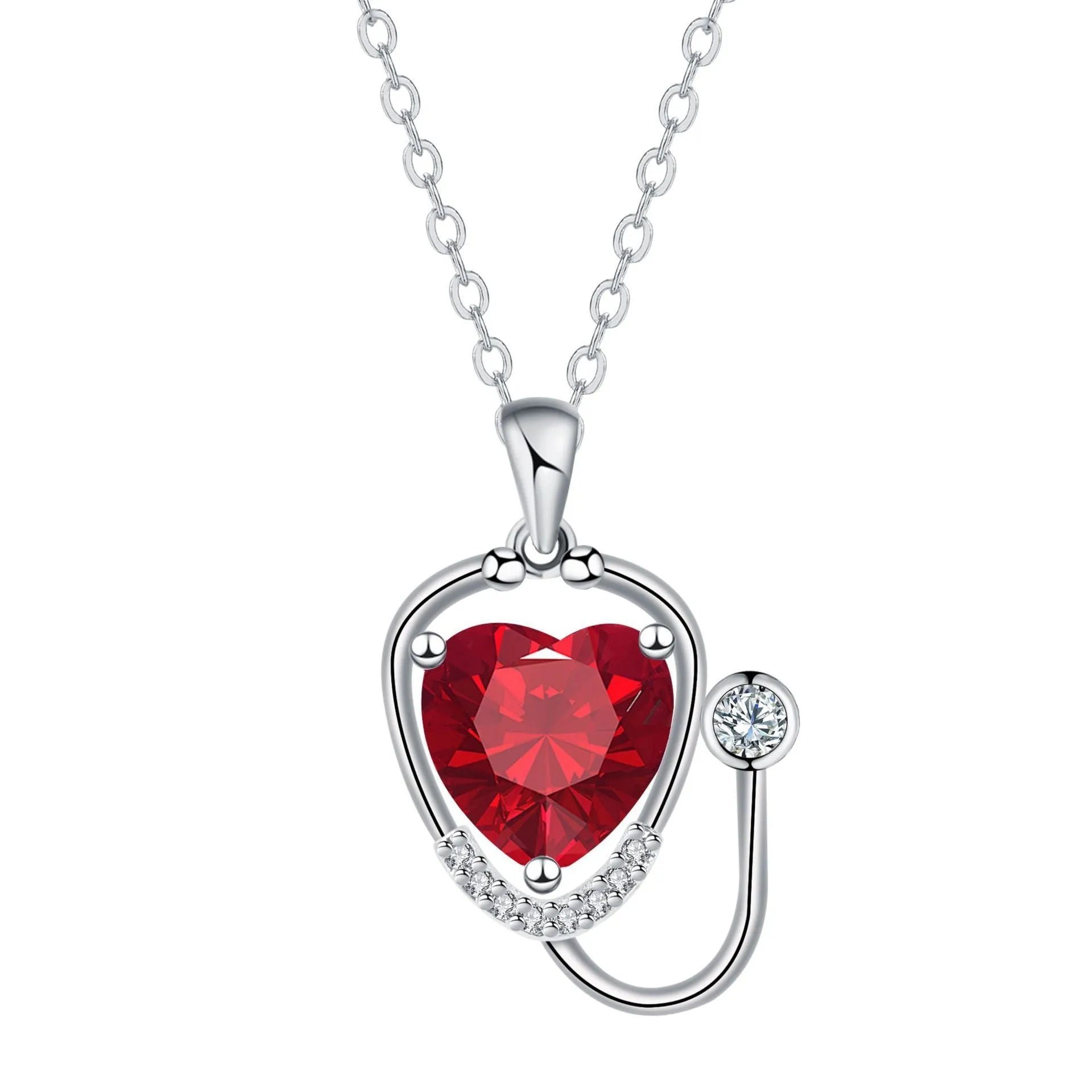 Women's fashion necklace with stethoscope, wings, and cross design in red diamond electroplated copper