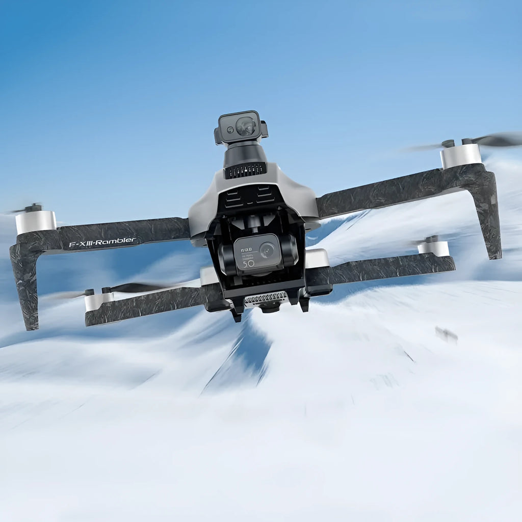 White foldable quadcopter drone with 4K camera and obstacle avoidance sensors, remote control, and batteries on a grey background.