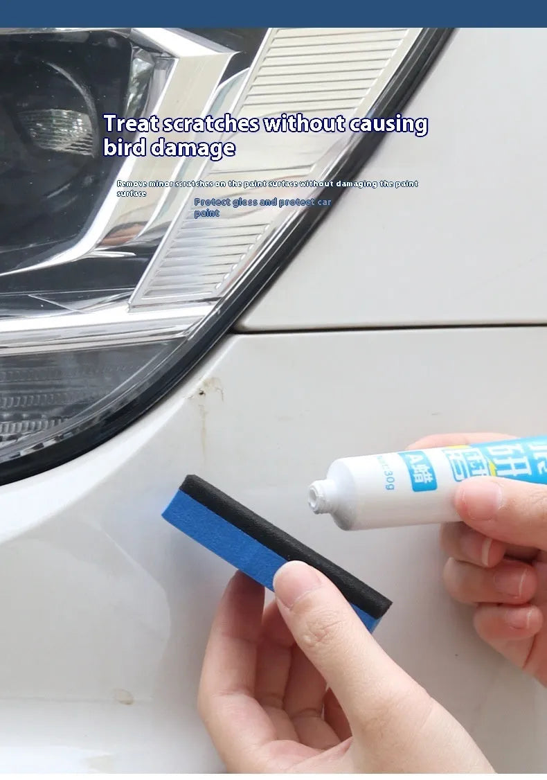 Car repair wax kit containing scratch removal wax, brightening wax, and frosted sponge applicator for paint restoration