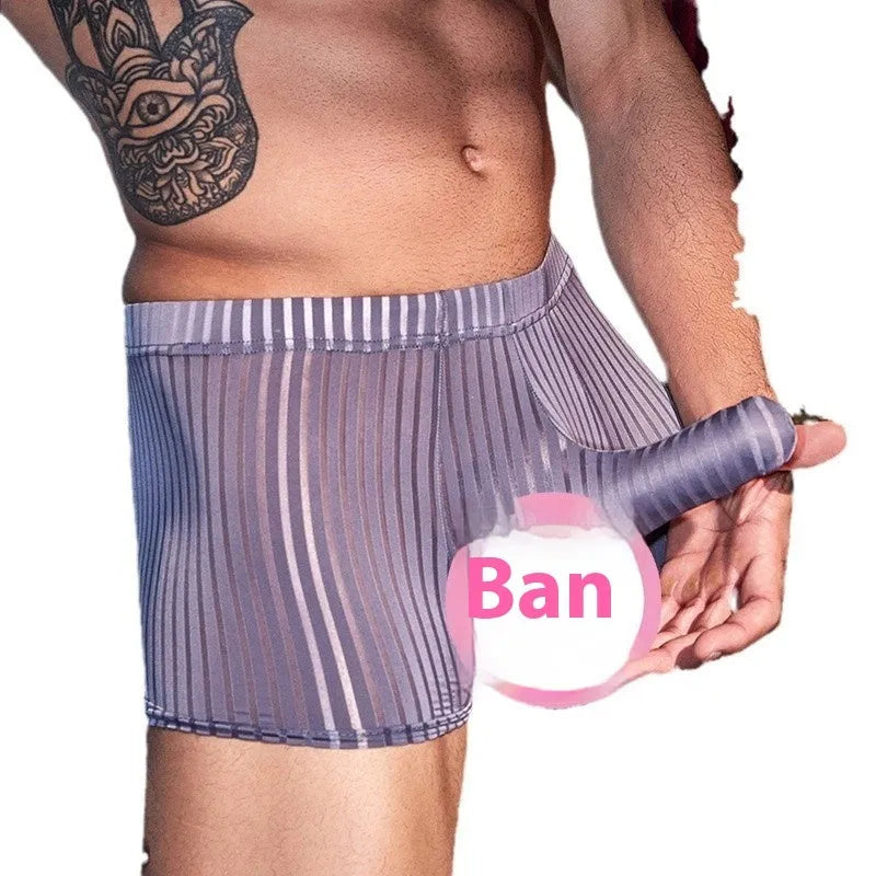 Men's black striped boxer briefs made from nylon fabric on a grey background.