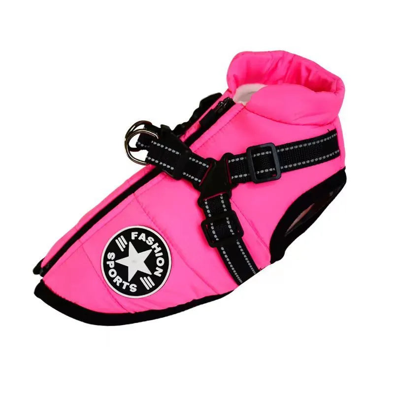 Waterproof dog coat in rain silk fabric with harness hole for lead attachment