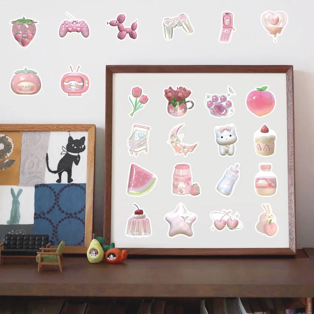 Pink girl heart realistic 3D decorative stickers in a cute style, 63 pieces per pack.