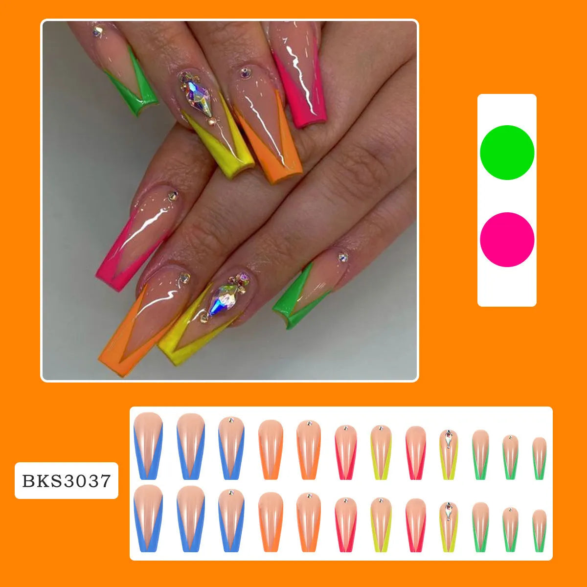 Diamond colour French style press-on nail tips with cartoon and cross heart patterns, jelly glue, and filing strip kit.