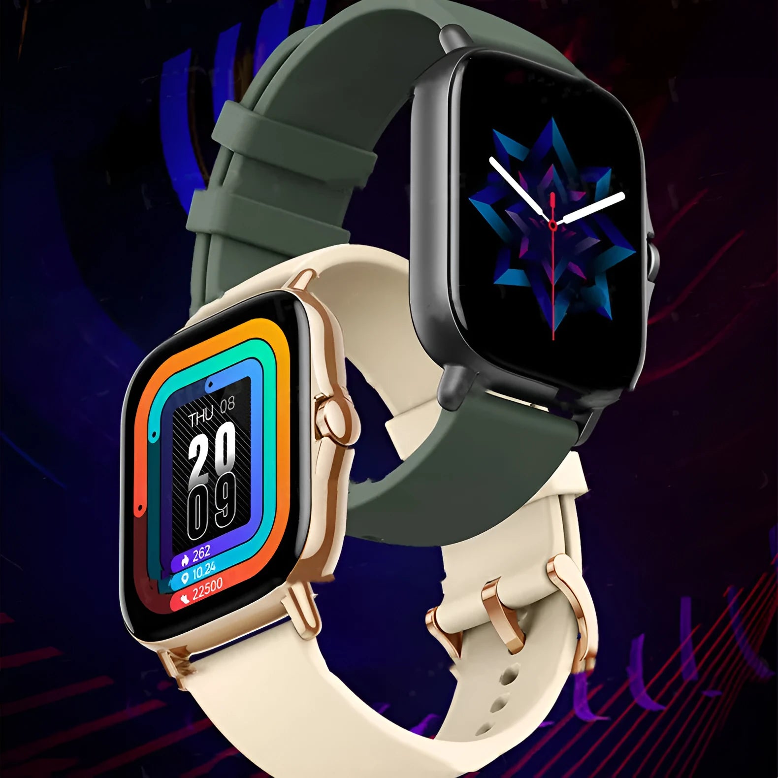 GT20 black smartwatch with silicone strap showing health stats on 1.75-inch screen