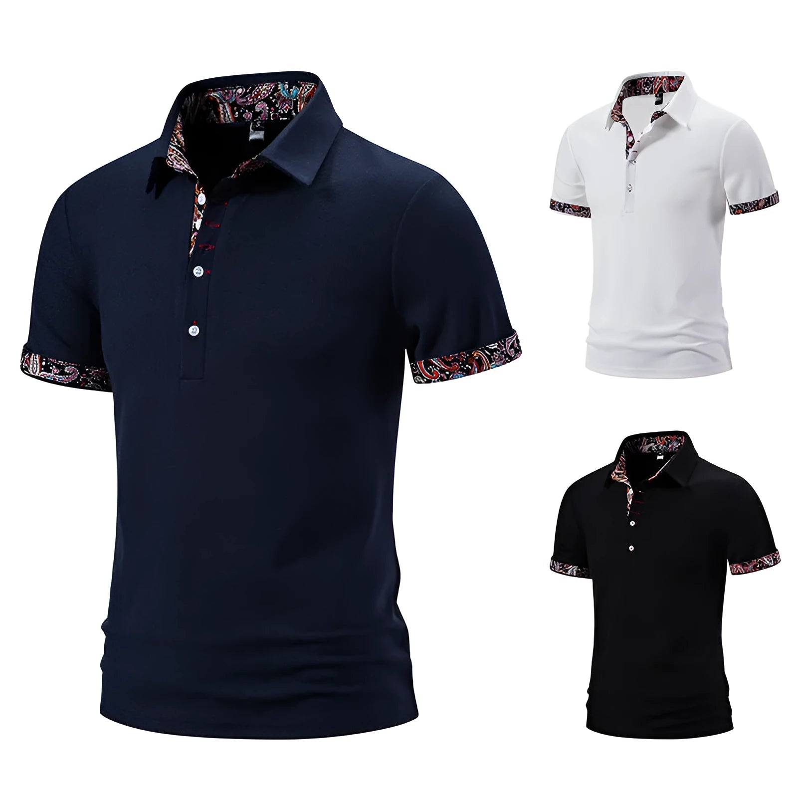 Men's white polo shirt with black colour stitching on turnover neck collar and short sleeves