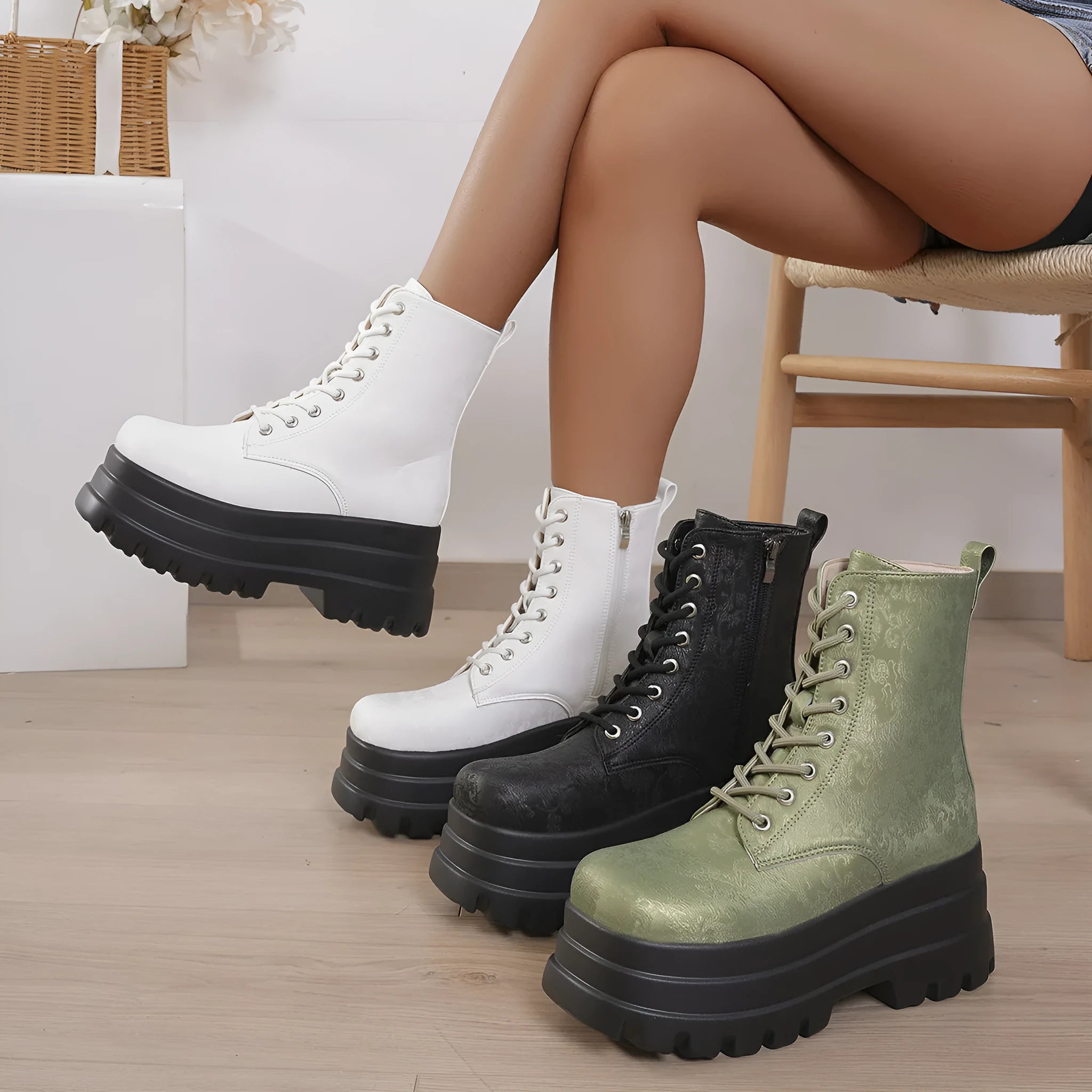 Women's black patchwork platform Martin boots with a chunky heel and side zipper.