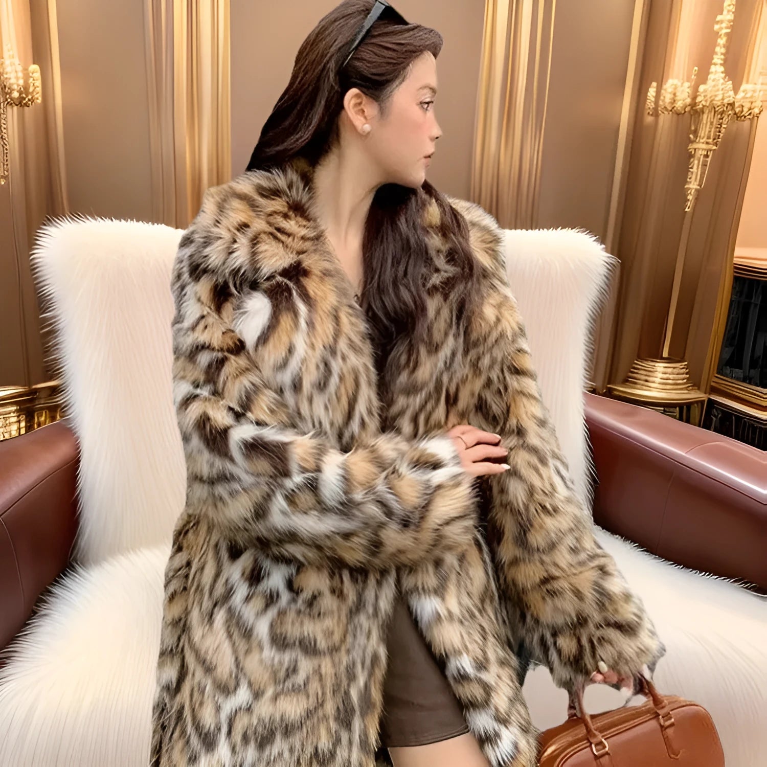 Women's artificial fox fur print coat with fur collar and side pockets in faux fabric