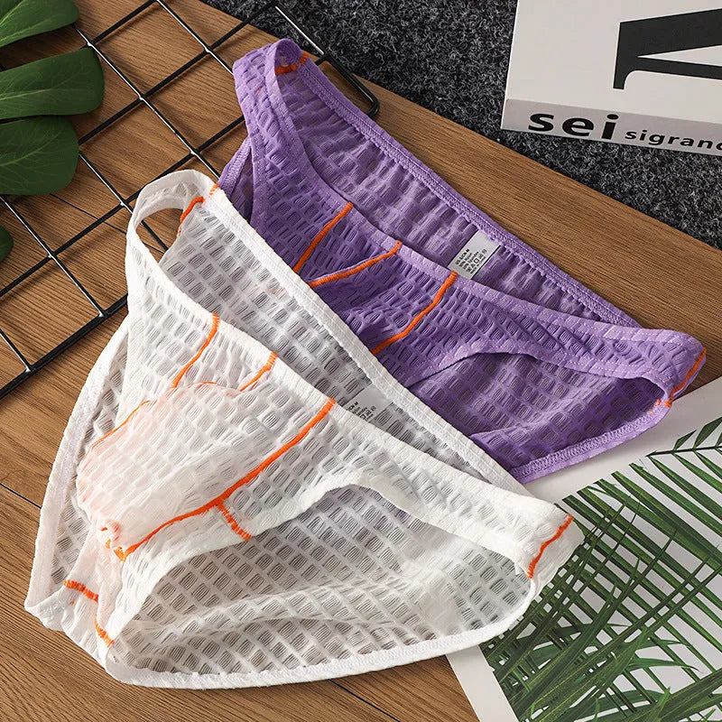 Men's low waist ice silk and lace briefs in rose red colour on a white background